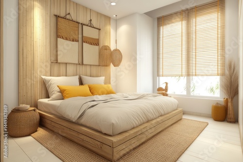 Light, airy bedroom with warm wood tones and natural accents.  Beige linens,  yellow pillows, woven wall art,  and bamboo pendant lamps create a peaceful and calming space