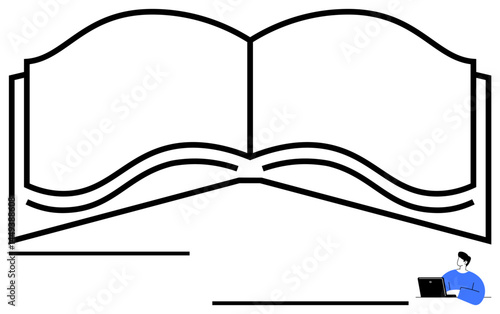 Open book with abstract wave design and person in bottom right using laptop. Ideal for education, learning, creativity, literature, knowledge, research, innovation. Flat simple metaphor