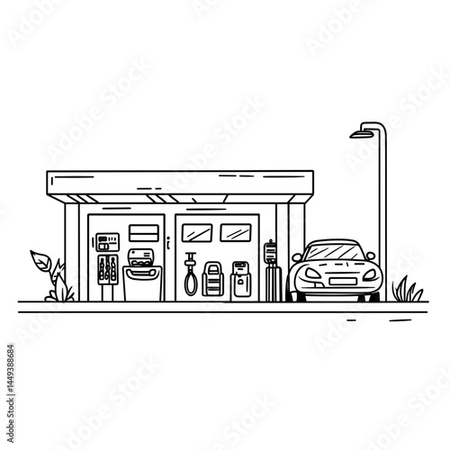 Car service station illustration with gas pumps in a minimalistic style  