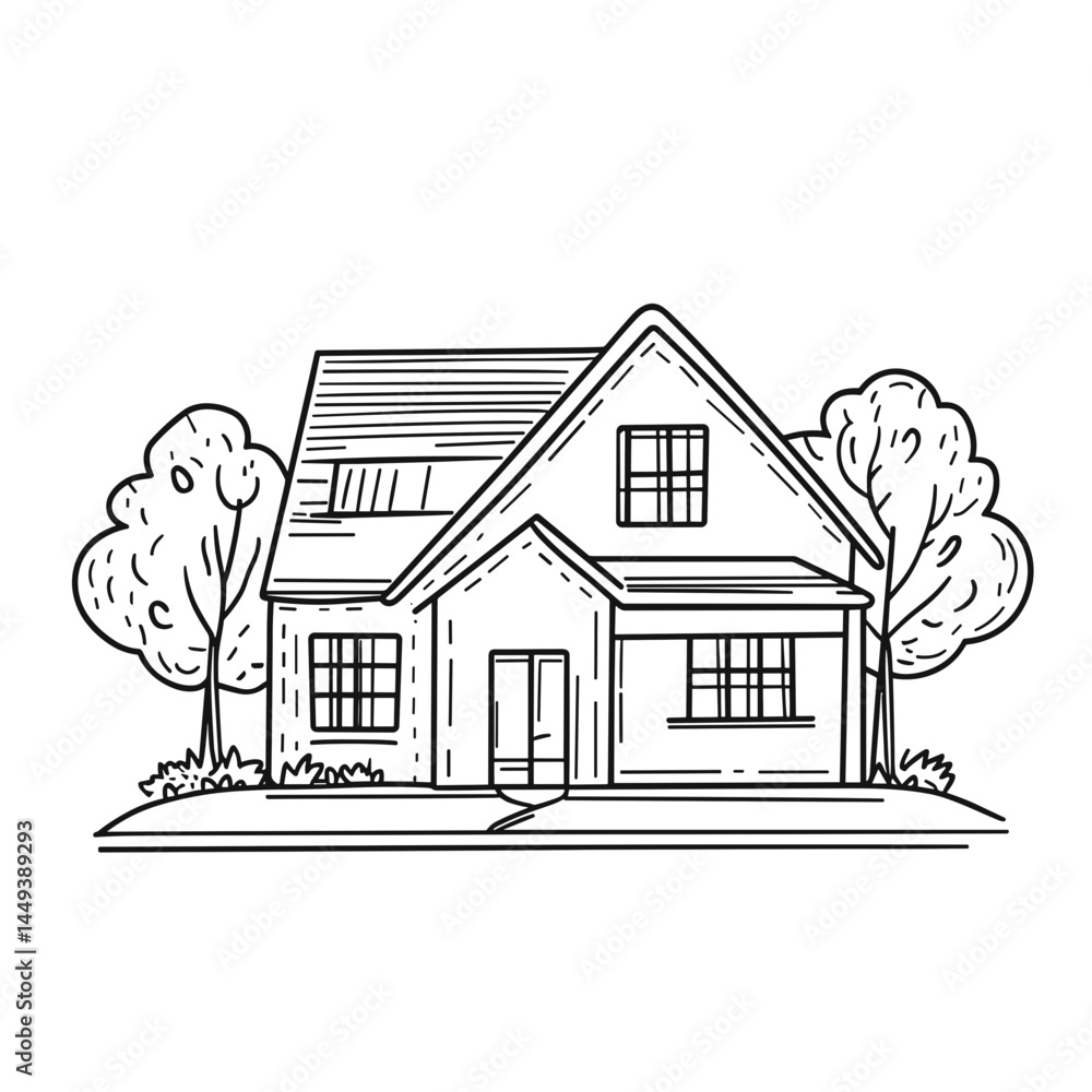 Bungalow house sketch surrounded by trees and greenery Bungalow house sketch surrounded by trees and greenery