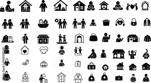 homelessness icons, social aid icons, charity vector,