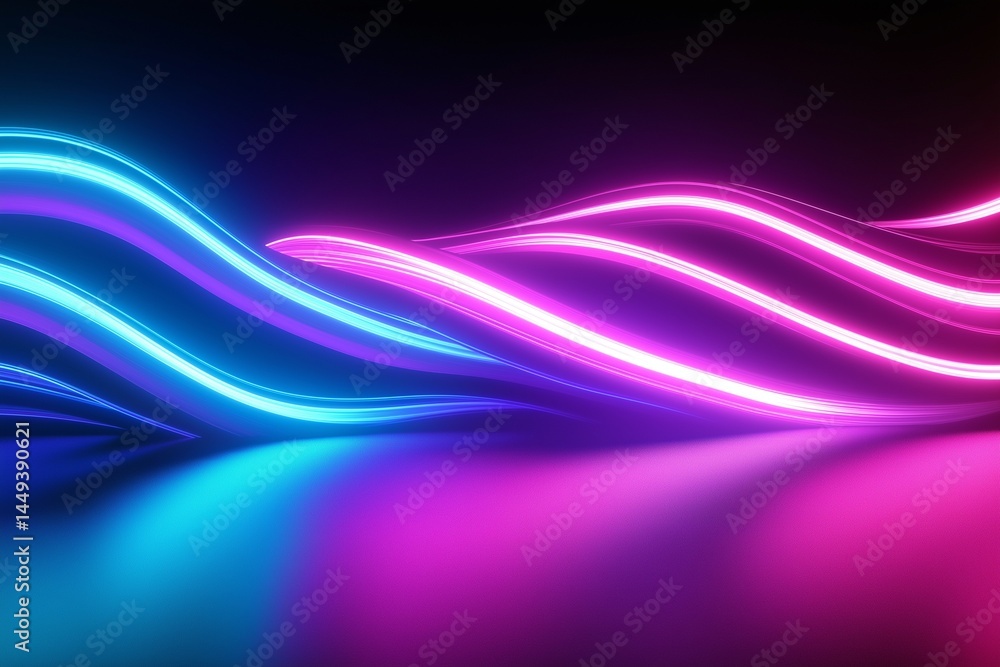 Glowing abstract neon lights background with smooth, flowing wave patterns in electric blue, magenta, and violet. 