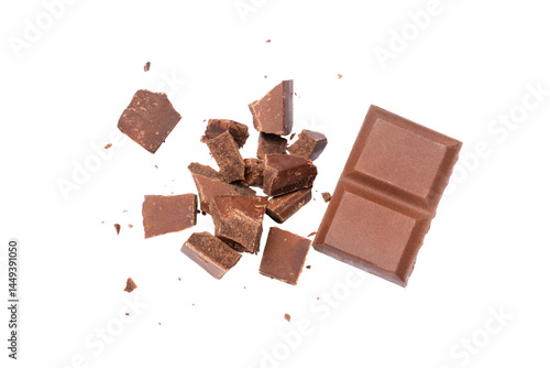 chocolate bar and chocolate pieces isolated on white background