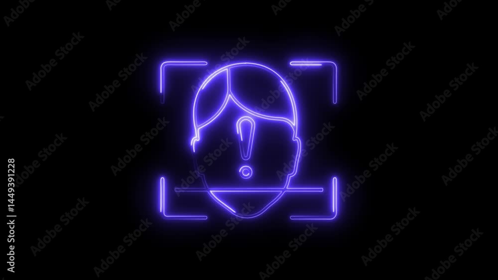 Face recognition error neon style depicts facial scan failure with exclamation point and security system problems on dark background Face recognition error neon style depicts facial scan failure with exclamation point and security system problems on dark background