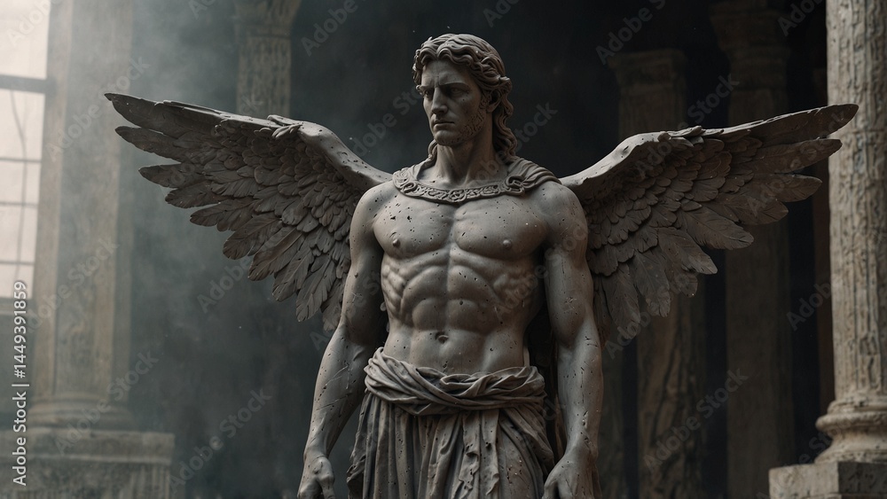 Fototapeta premium A statue of Atophes, god of the grey wings, covered in dust and memories, wings heavy with silence