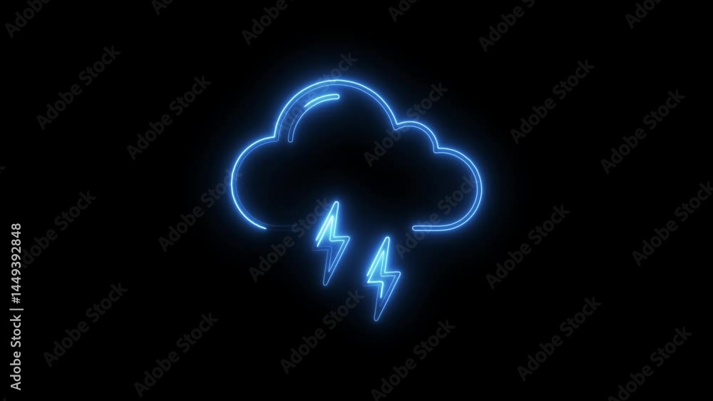 Animated neon weather icon cloud with lightning bolts on black background Animated neon weather icon cloud with lightning bolts on black background