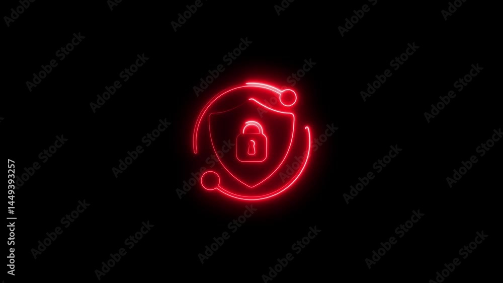 Animated red neon security shield and padlock icon against black background Animated red neon security shield and padlock icon against black background