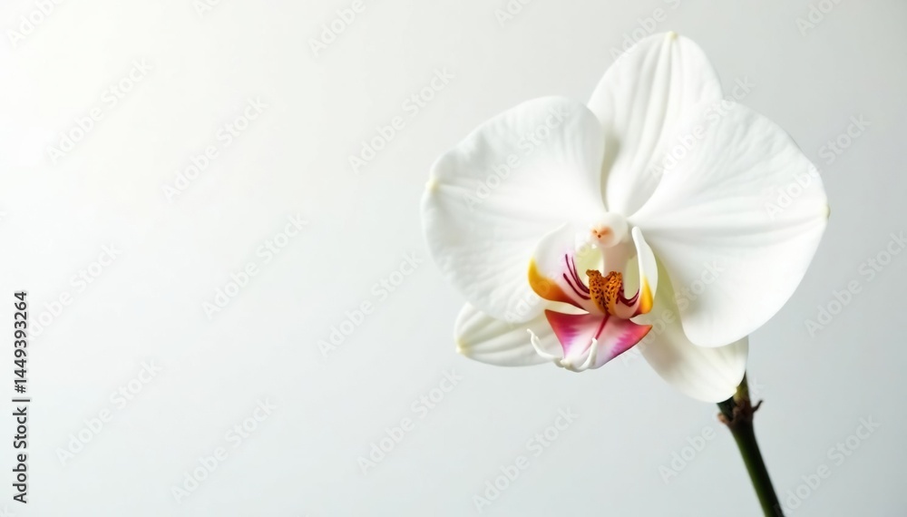 Obraz premium Delicate white orchid blossom on pure white backdrop, isolated, flower, unblemished