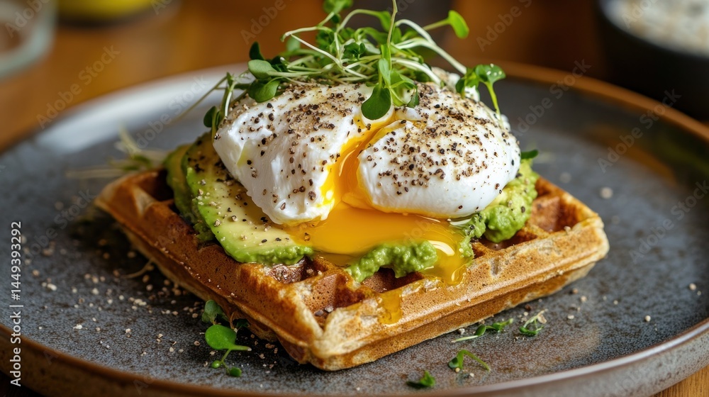 Poached egg, avocado, and microgreens on a waffle Poached egg, avocado, and microgreens on a waffle