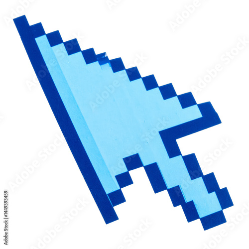 A pixelated blue computer cursor arrow isolated on white transparent background