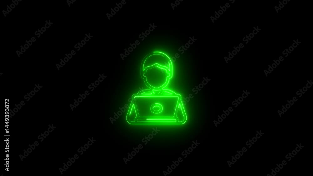 Glowing green neon silhouette of person using laptop computer on black background Glowing green neon silhouette of person using laptop computer on black background