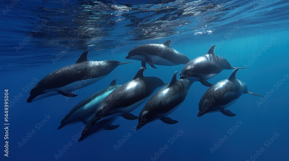 Fototapeta premium Dolphins in Blue: A Pod Swimming Together