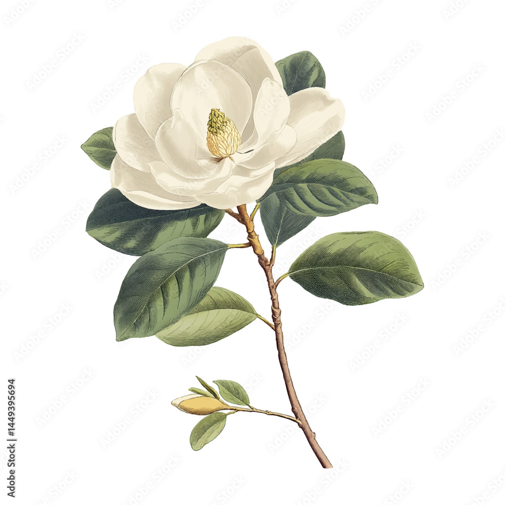 Naklejka premium Elegant botanical illustration of a white magnolia flower in bloom with green leaves and stem, isolated with transparent background