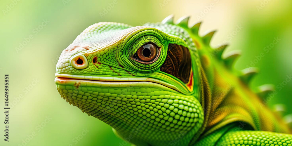 Fototapeta premium a green iguana, showcasing its detailed features. The iguana's skin is a vibrant green with patches of darker green and brown, providing a textured appearance