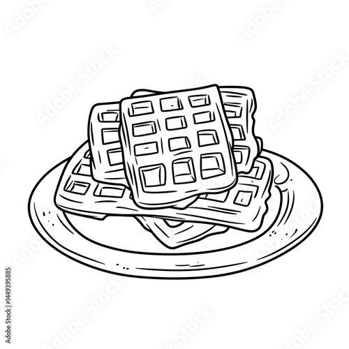 Delicious Waffles Stacked on a Plate in Simple Line Art  