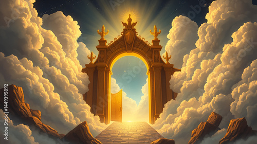 The golden gate in the clouds at the entrance to the kingdom of heaven and the righteous near the gate. Ravenwood. Illustration