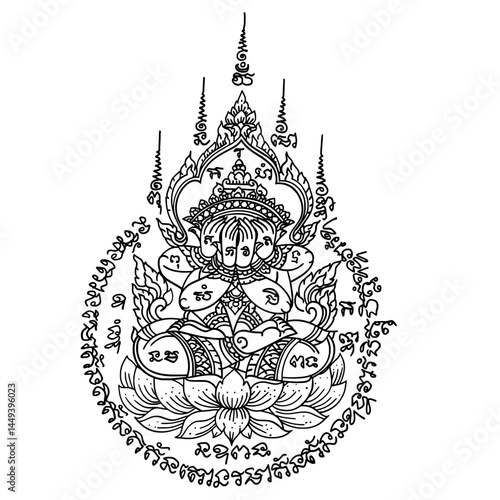 Thai traditional tattoo. Yant Phra Pidta. Thai text translation: protection from negative energies and obstacles, good luck, and enhanced meditation.