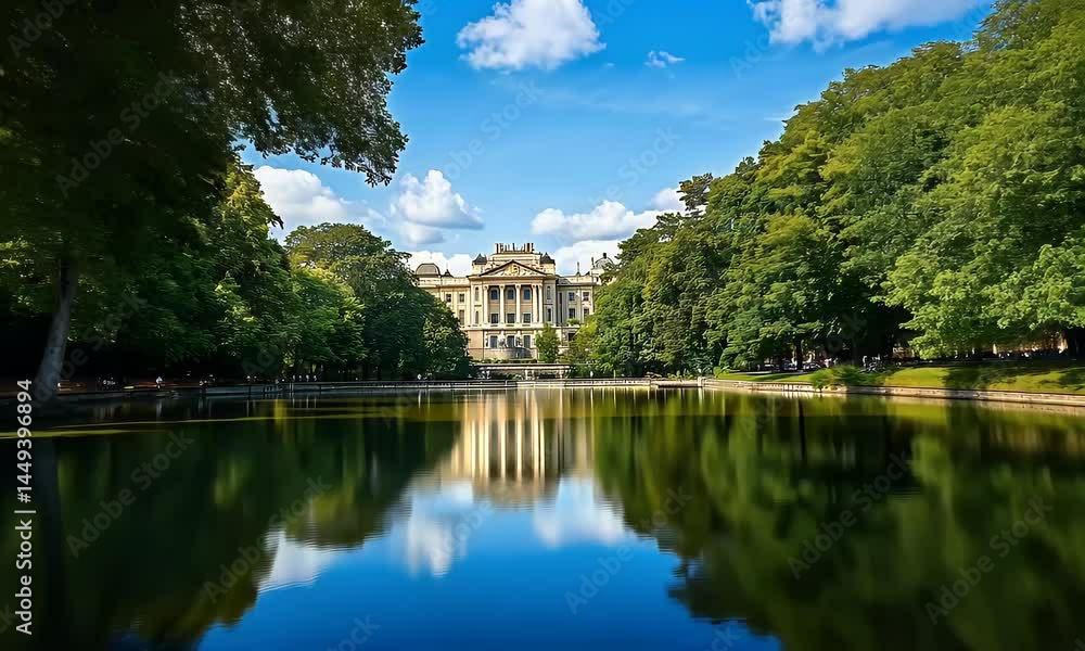 Majestic castle reflected on a calm lake, surrounded by lush trees under a bright sky, evoking fairytale charm and historical elegance. Majestic castle reflected on a calm lake, surrounded by lush trees under a bright sky, evoking fairytale charm and historical elegance.