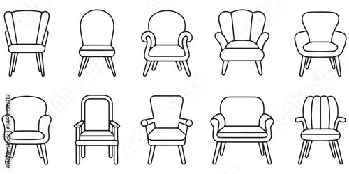 set vector various chair silhouettes, Chairs silhouettes collection, outline coloring book page line art vector silhouettes