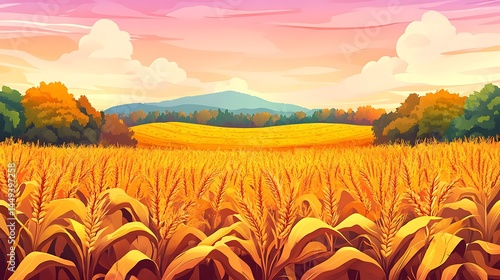Serene Golden Wheat Field Landscape With Sky, Trees, And Distant Hills Scenery