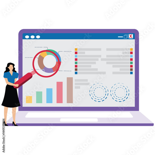 Businesswoman analyze data on laptop with magnifying glass symbolizing market research and SEO analytic