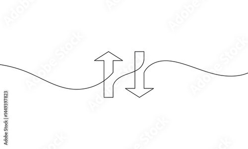 Continuous line drawing of arrow. Arrow pointing up and down. Business growth icon, for banner, template, web, app, poster. Object one line, single line art, vector illustration . EPS 10 .