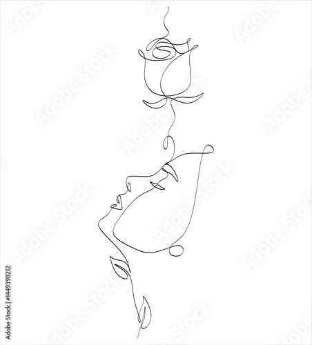 Abstract line drawing of a girl's face with a rose can be used for tattoos, logos, avatars