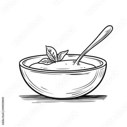 Line Drawing of a Sugar Bowl with a Spoon and Mint Leaves  