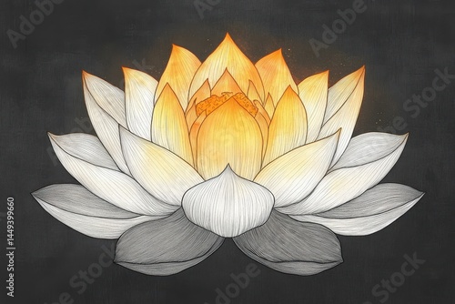Illuminated lotus flower drawing with shaded petals.