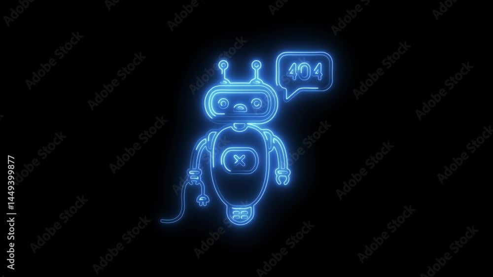 Neon robot displaying error 404 on black background computer glitch animation Neon robot displaying error 404 on black background computer glitch animation