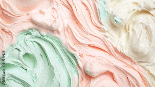 Abstract close-up view of pastel colored frosting swirls.