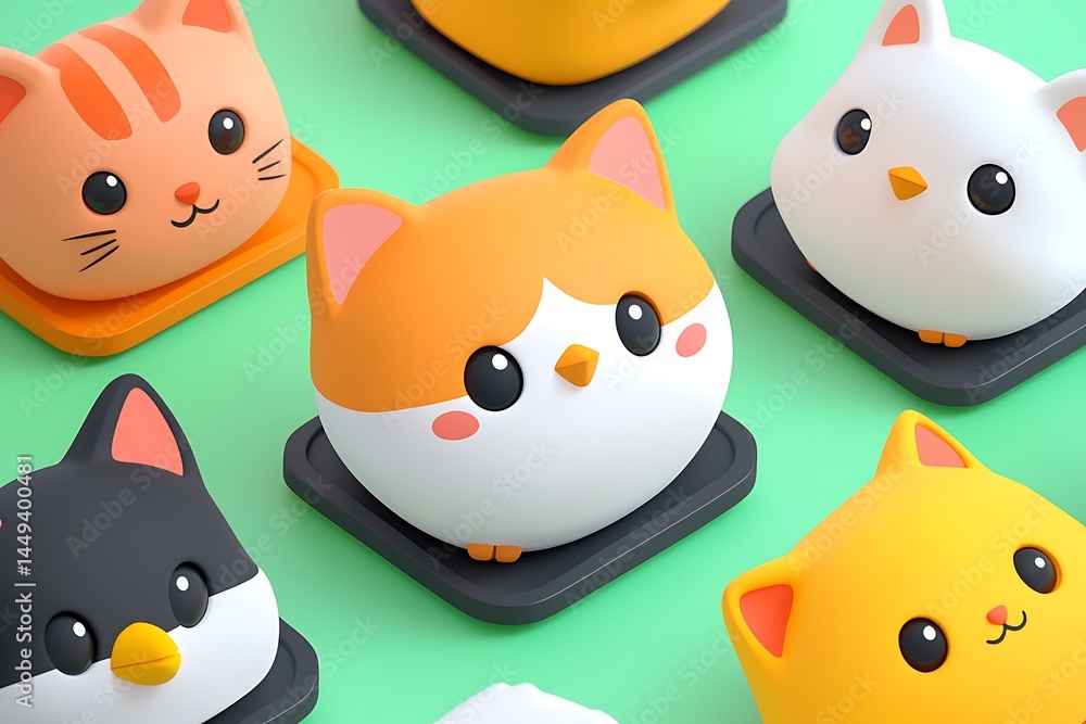 Fototapeta premium Cute animal figurines, 3D render, pastel colors