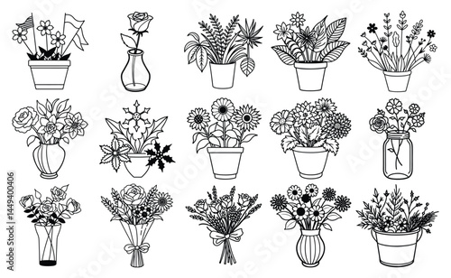 Set of floral line art illustrations featuring various potted flowers in vases, including roses, sunflowers and daisies