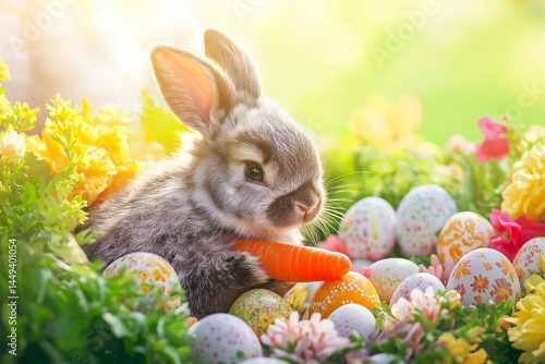 A fluffy rabbit gently holding a fresh orange carrot, surrounded by beautifully decorated Easter eggs nestled in vibrant spring flowers. 