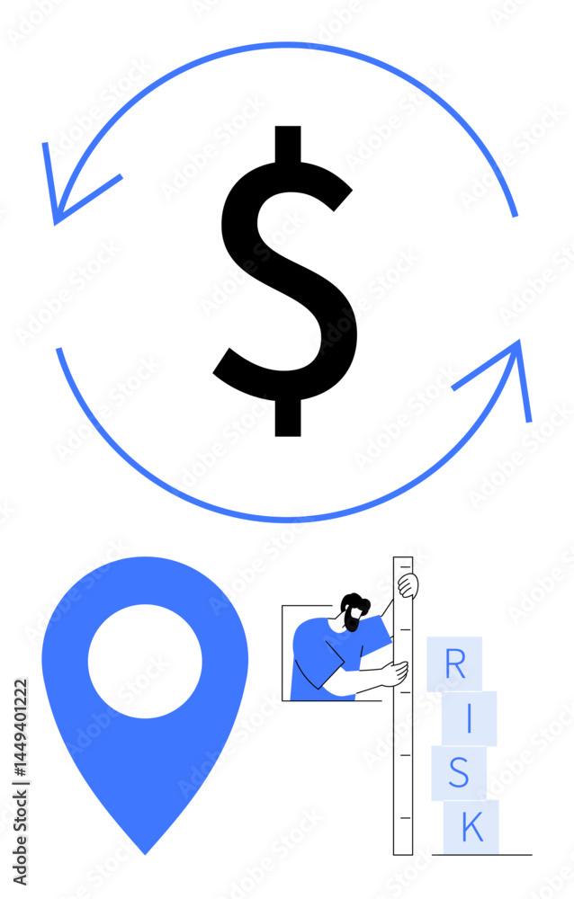 Obraz premium Dollar sign with circular arrows, blue location marker, person measuring with ruler next to risk blocks. Ideal for finance, business, strategy, location, analytics, risk management simple landing
