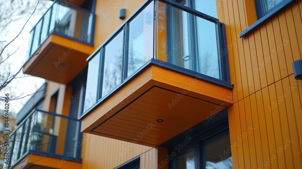 Fototapeta premium Apartments' balconies warm wood, glass railings, and sleek lines