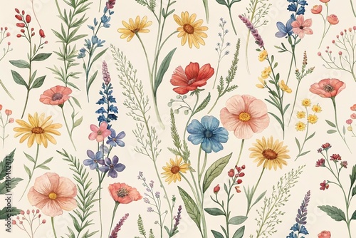 Wallpaper Mural Meadow with flowers, floral seamless pattern of watercolor colorful wildflowers on ivory background, abstract ornament. Torontodigital.ca
