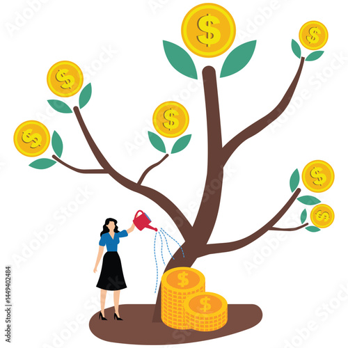 Businesswoman watering stack of coin growing money plant symbolizing mutual fund and wealth investment