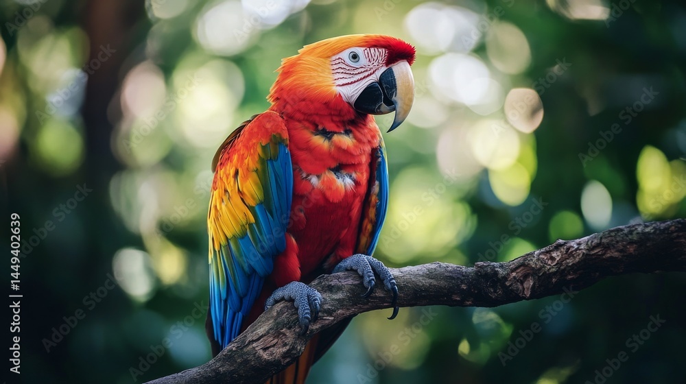 A colorful scarlet macaw perches on a branch in a tropical jungle setting A colorful scarlet macaw perches on a branch in a tropical jungle setting