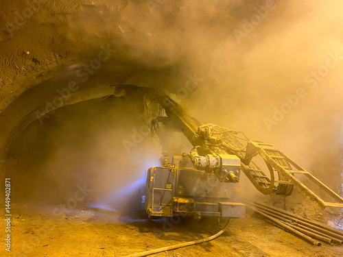 Underground Mining Tunnel with Machine Excavating in Dust and Lighting