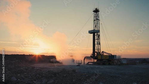Oil drilling rig at sunset with smoke and machinery in the background