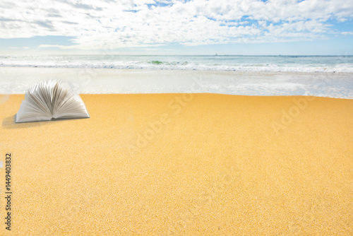 Buch am Strand mit Ozean im Hintergrund