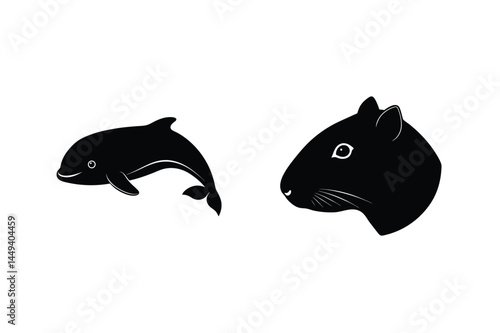 Black silhouette dolphin illustration accompanied by a silhouette animal illustration on a white background for design