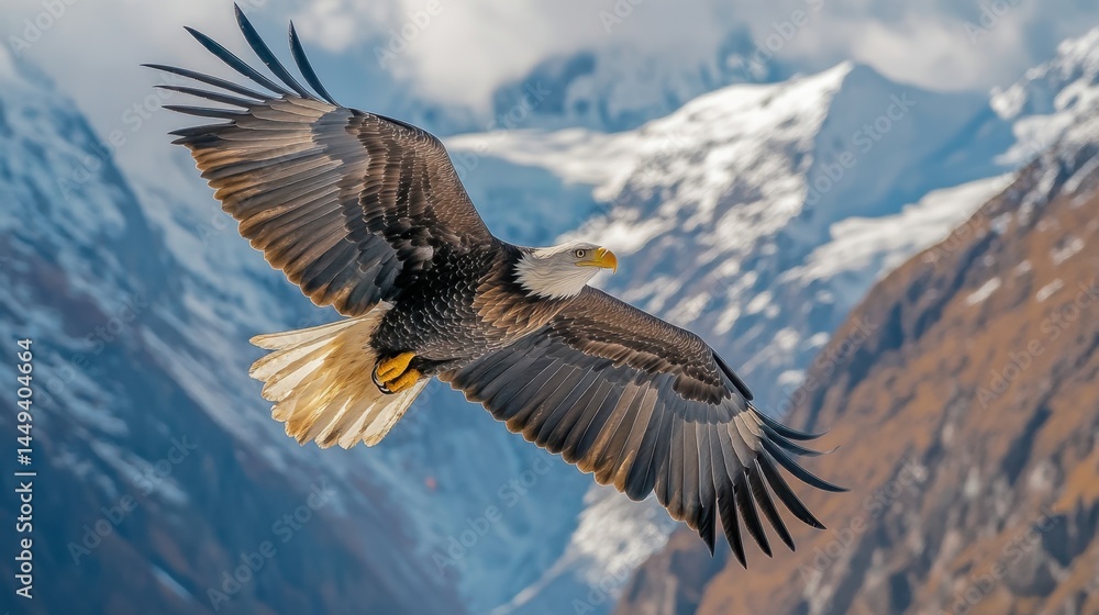 Fototapeta premium Bald Eagle Soaring Majesticly Over Mountain Peaks