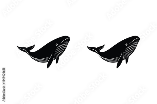 Two elegant whale silhouettes swimming against a pristine white background perfect for nautical designs