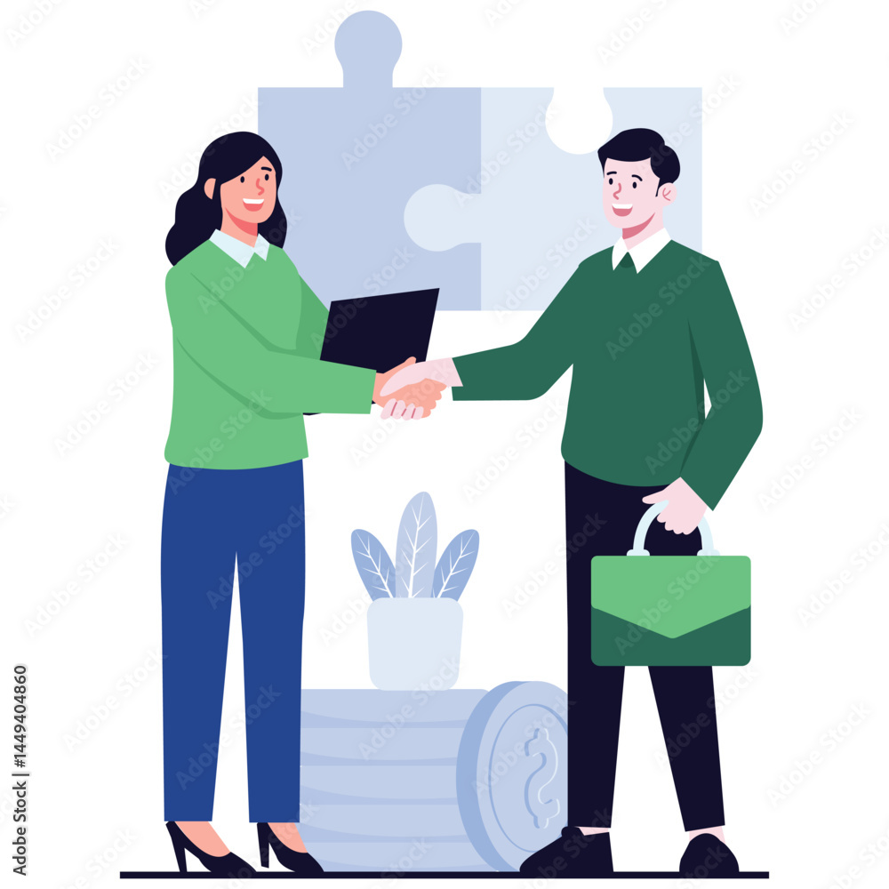 Obraz premium Deal And Partnership. Vector illustration of Two business professionals shake hands while smiling, business deal and successful cooperation with puzzle elements in the background.
