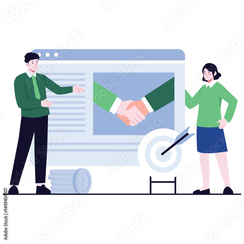 Business people discussing a partnership agreement in front of a website interface with handshake illustration.