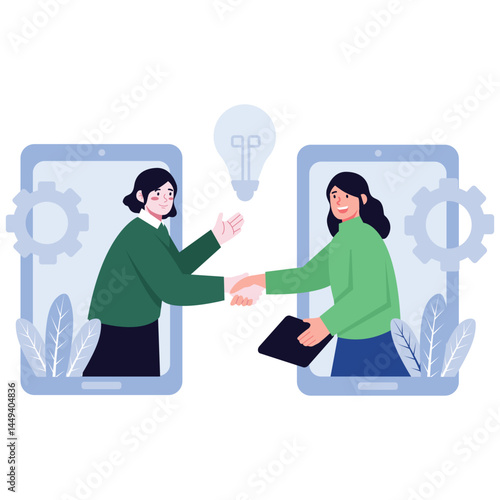 Deal And Partnership. Vector illustration of Two women reach out to shake hands through smartphone screens, representing a remote business deal or digital partnership in a tech environment.
