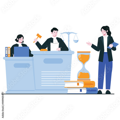 Law and Justice Illustration. Vector illustration of A legal conversation takes place in the courtroom among lawyers and a judge with legal symbols and books. Isolated on background