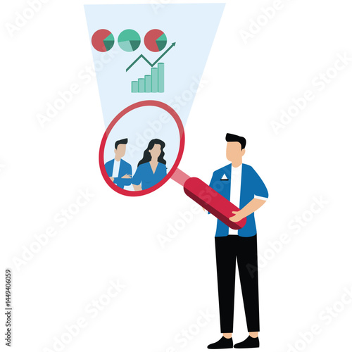 Businessman examine large magnifier over customer group symbolizing research for marketing insight